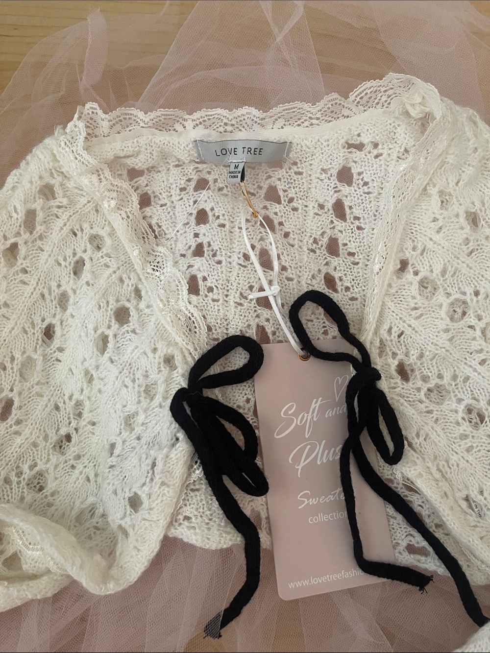 Love Tree white Crocheted Bolero with Black Tie Accents